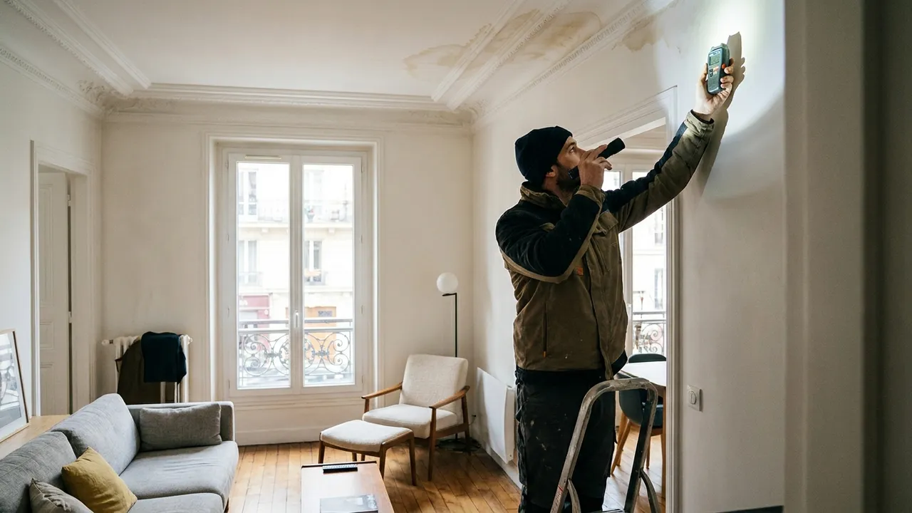 Plafond taché par une infiltration d'eau dans un appartement d'Aulnay-sous-Bois, avant intervention du plombier