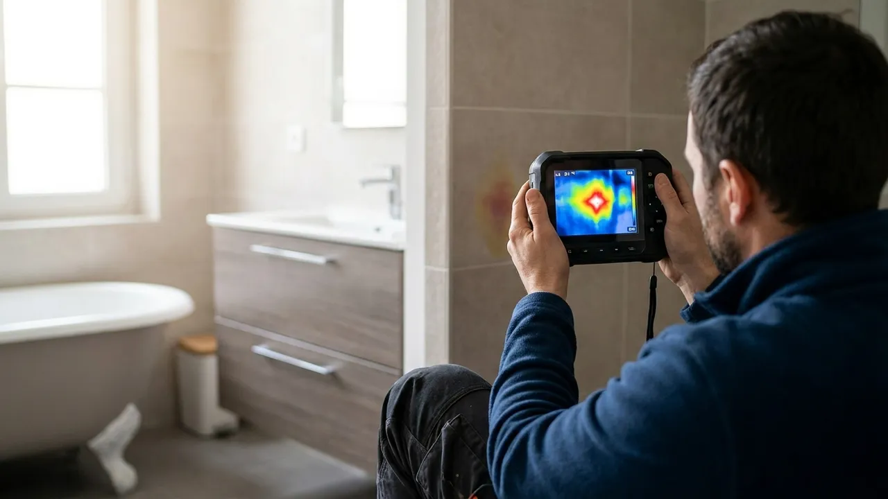 Plombier utilisant une caméra thermique pour localiser une fuite d'eau dans une maison d'Aulnay-sous-Bois
